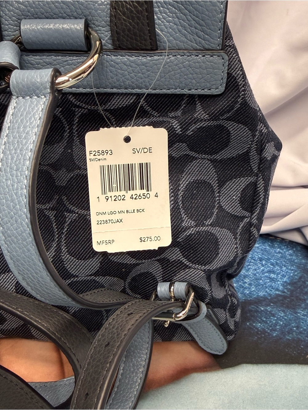 (new+tag) Coach Mini Backpack Denim Leather Light Blue /Navy Signature Monogram - Picture 7 of 15